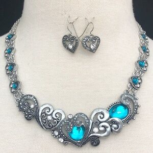 Aqua Blue Gem Heart Cluster Silver Necklace Earrings Set